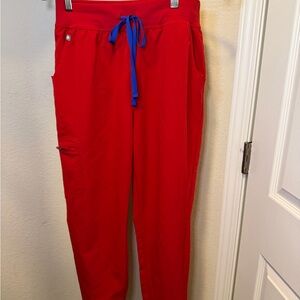 Figs Red Jogger Pants with Blue Drawstring Catarina Scrub Top Set